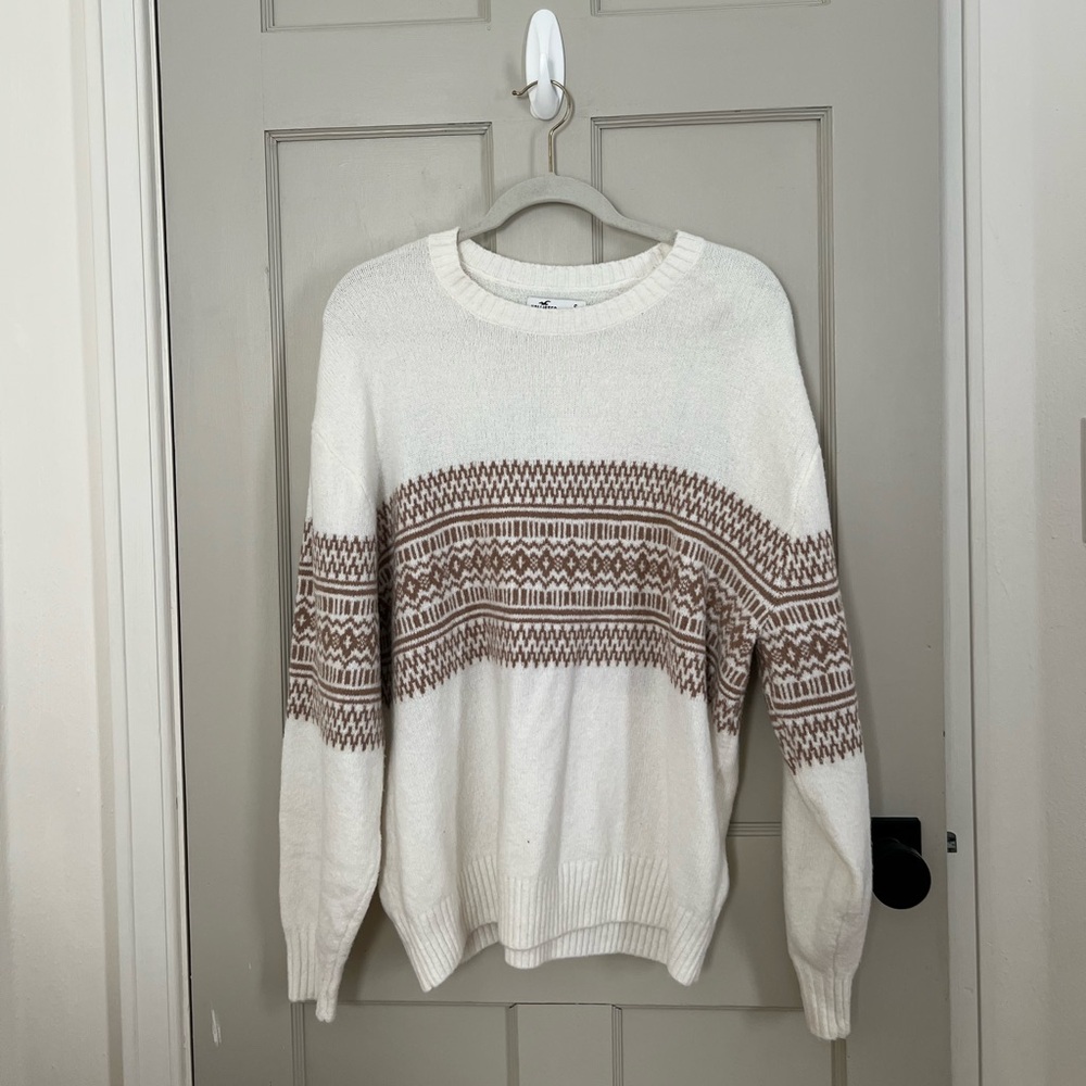 Hollister Cream and Brown Fair Isle Crewneck Sweater